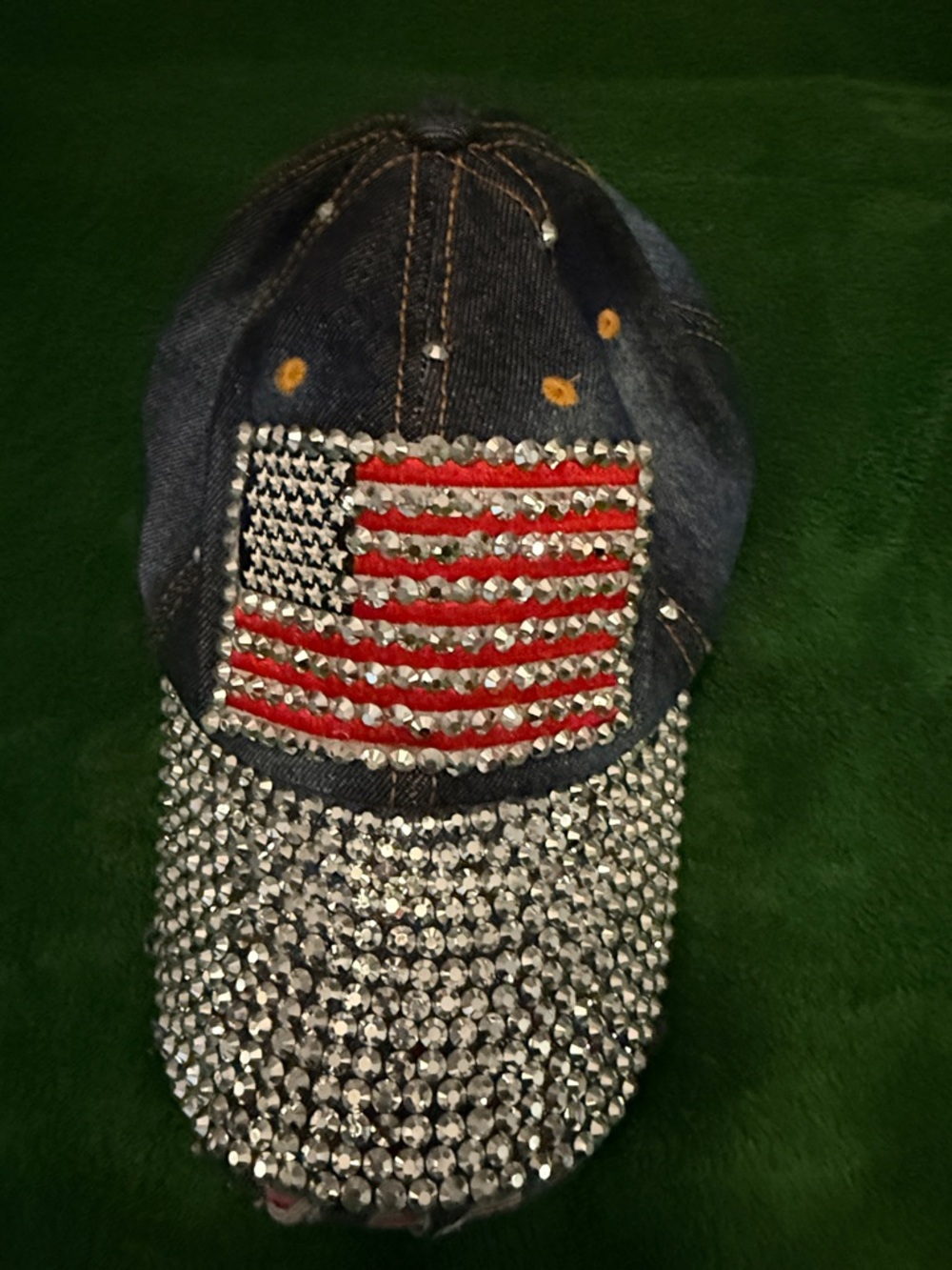 Distressed Denim Baseball Cap with Rhinestone American Flag - Blue